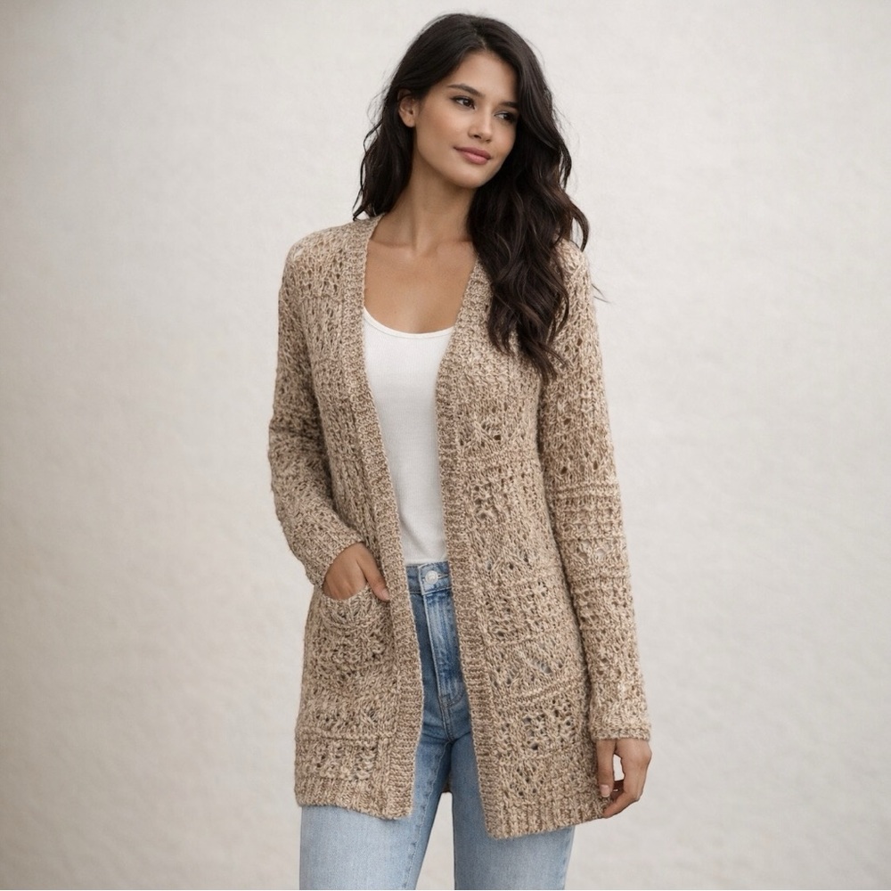Lucky Brand Open Knit Long Cardigan | Cotton Blend Boho Layer | Size S/P